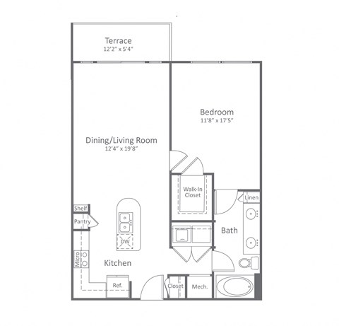 Floor plan for 1 bed, 1 bath, 825 sqft